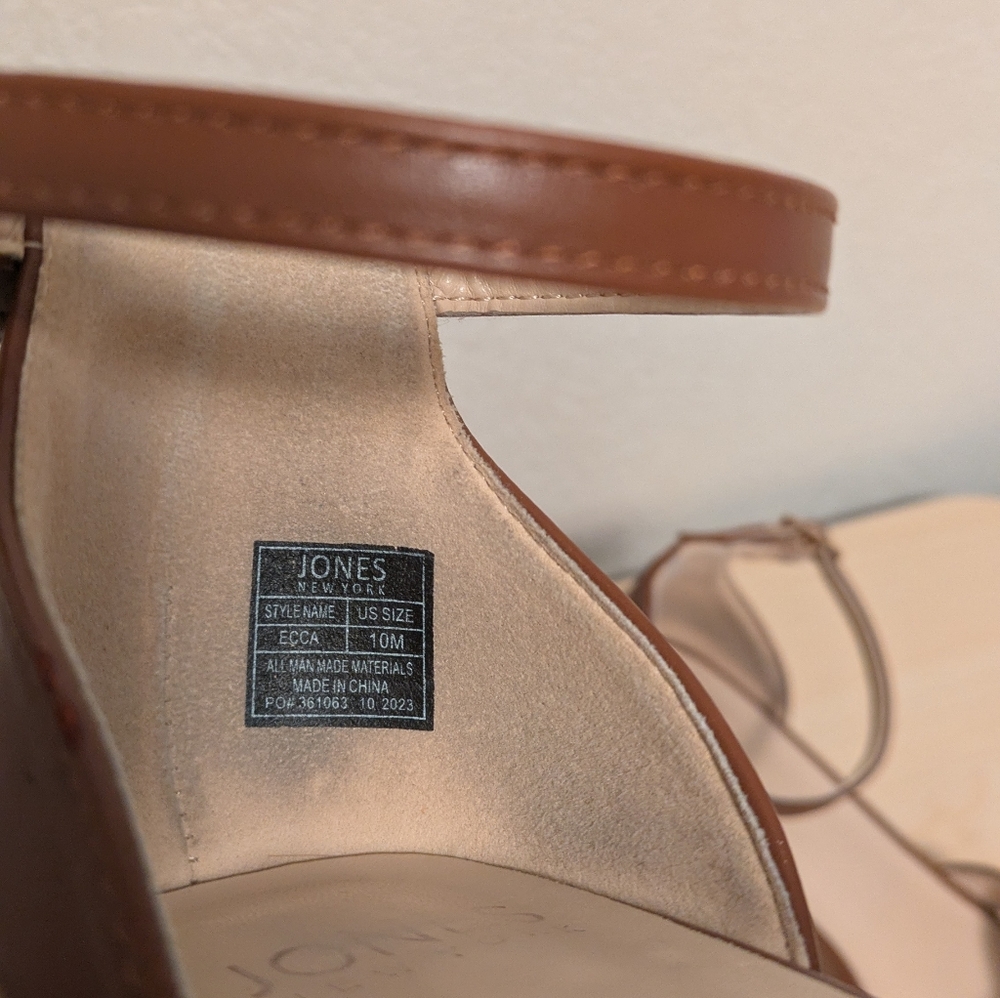 Jones New York Brown Leather Block Heel Sandals with Gold Accent - Picture 6 of 8
